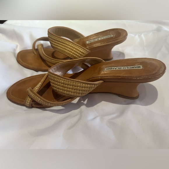 🚫SOLD🚫Manolo Blahniks Raffia Tan Slip On Wedge Vintage Leather Strappy Sandal41 - Picture 5 of 12